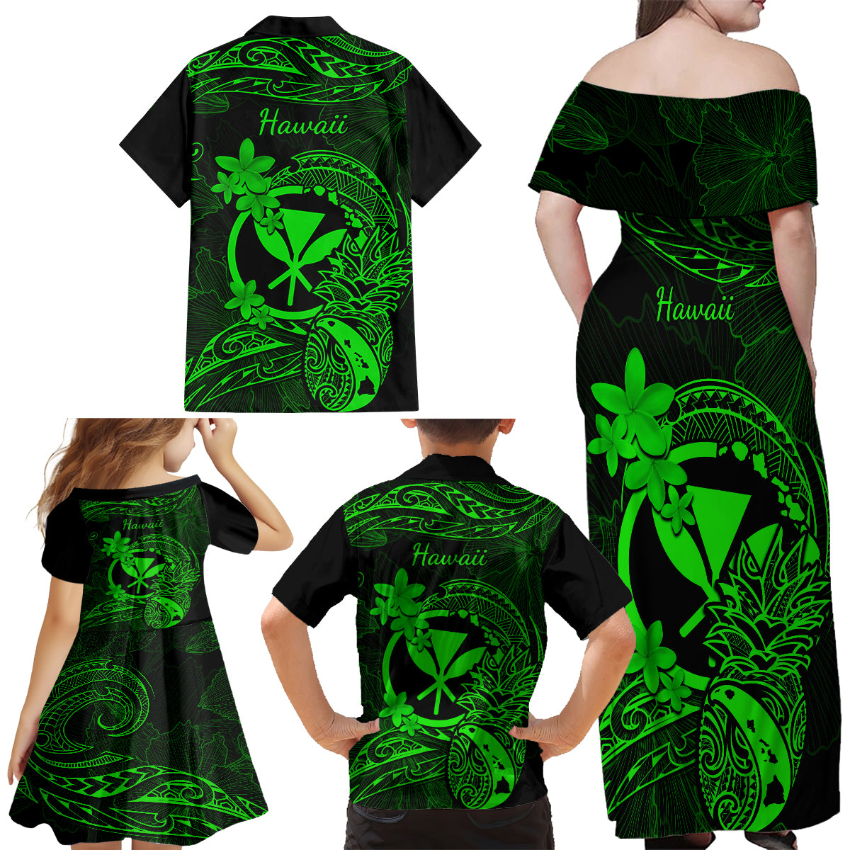 Hawaii Family Matching Off Shoulder Maxi Dress and Hawaiian Shirt Pineapple Mix Polynesian Plumeria Green Version LT14 - Polynesian Pride