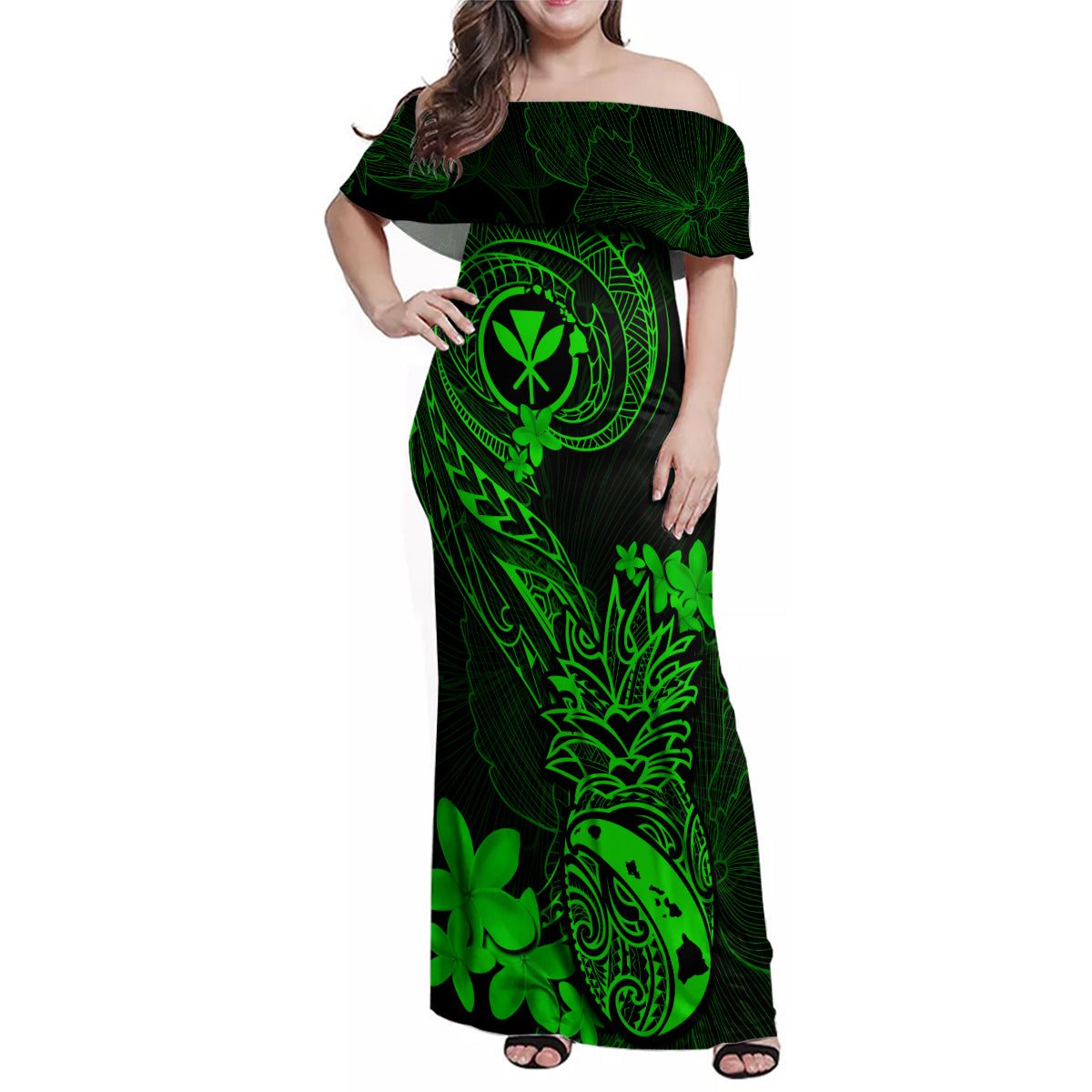 Hawaii Family Matching Off Shoulder Maxi Dress and Hawaiian Shirt Pineapple Mix Polynesian Plumeria Green Version LT14 Mom's Dress Green - Polynesian Pride