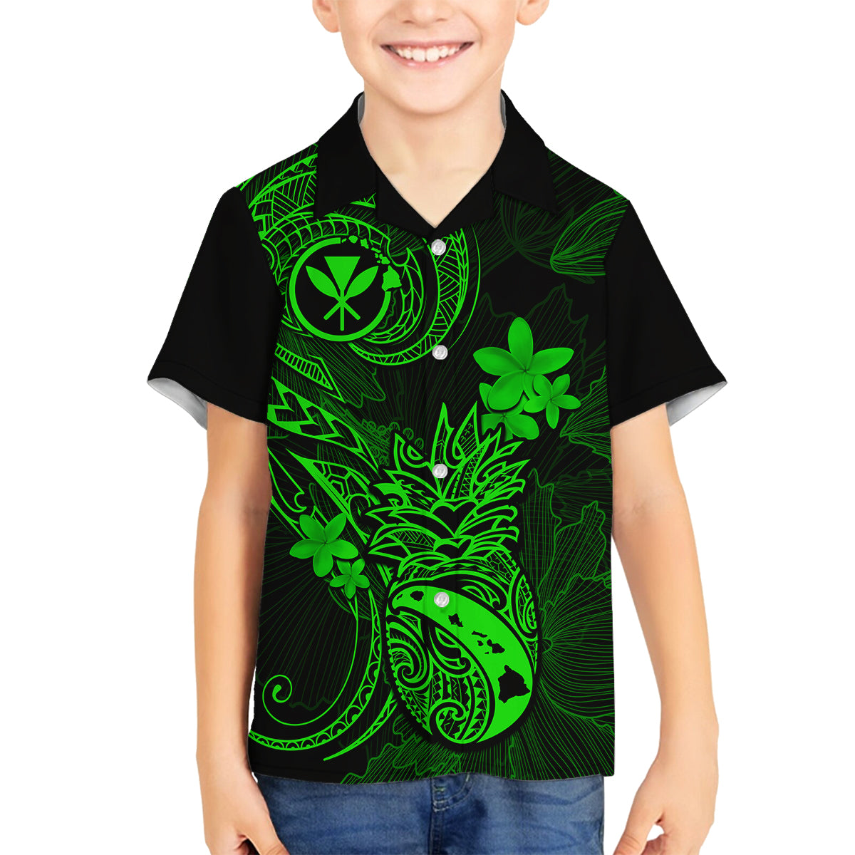 Hawaii Kid Hawaiian Shirt Pineapple Mix Polynesian Plumeria Green Version LT14 - Polynesian Pride