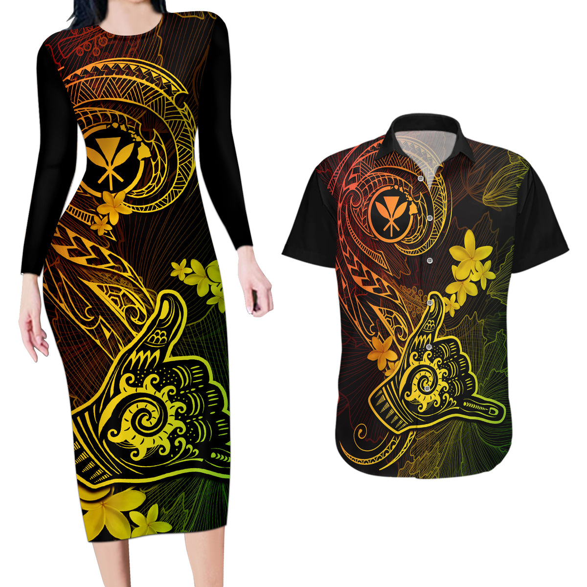 Hawaii Couples Matching Long Sleeve Bodycon Dress and Hawaiian Shirt Shaka Tattoo Mix Polynesian Plumeria Reggae Version LT14 Reggae - Polynesian Pride
