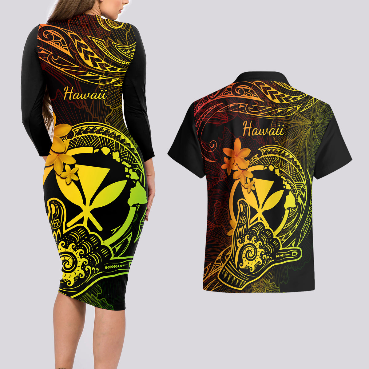 Hawaii Couples Matching Long Sleeve Bodycon Dress and Hawaiian Shirt Shaka Tattoo Mix Polynesian Plumeria Reggae Version LT14 - Polynesian Pride