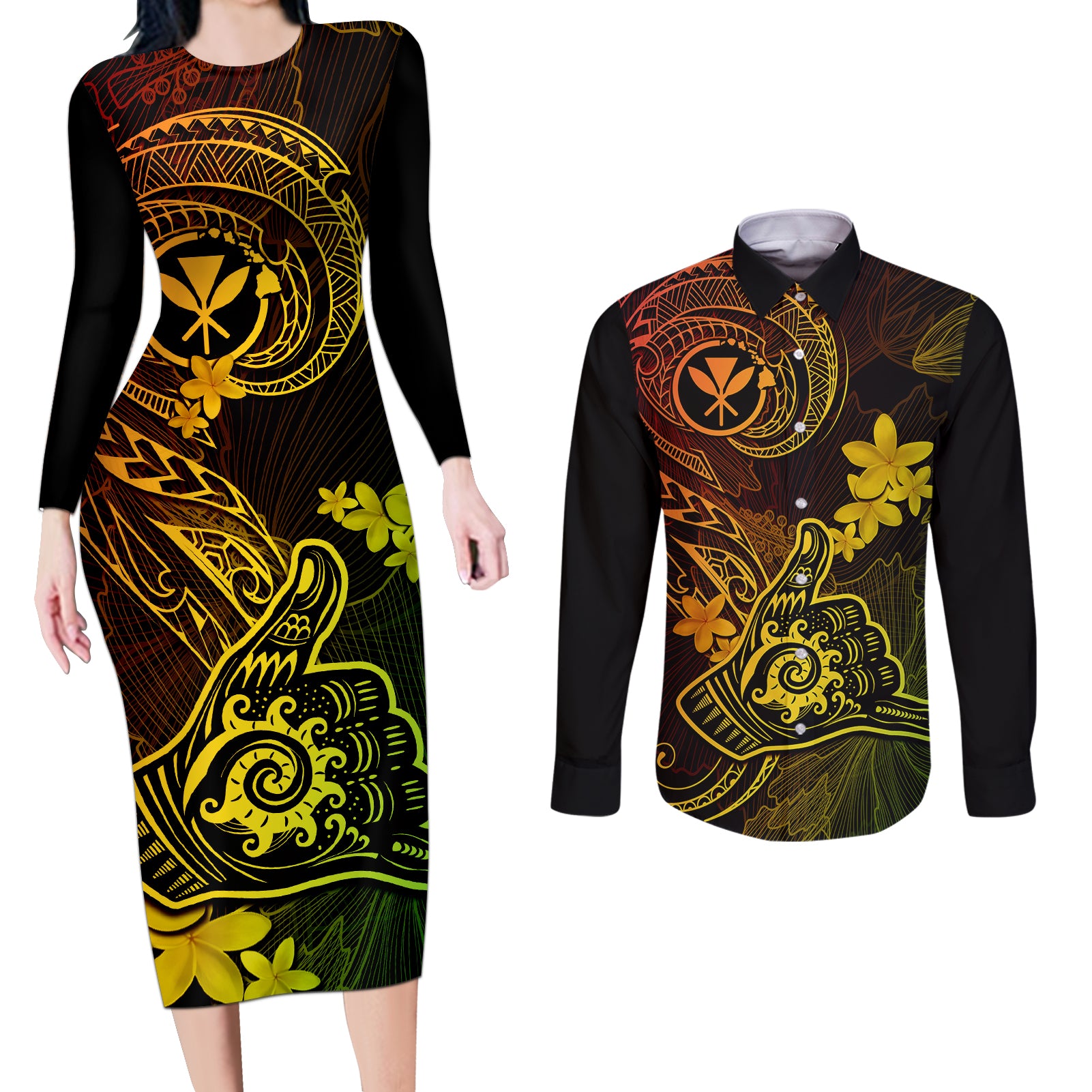 hawaii-couples-matching-long-sleeve-bodycon-dress-and-long-sleeve-button-shirts-shaka-tattoo-mix-polynesian-plumeria-reggae-version
