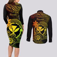 Hawaii Couples Matching Long Sleeve Bodycon Dress and Long Sleeve Button Shirts Shaka Tattoo Mix Polynesian Plumeria Reggae Version LT14 - Polynesian Pride
