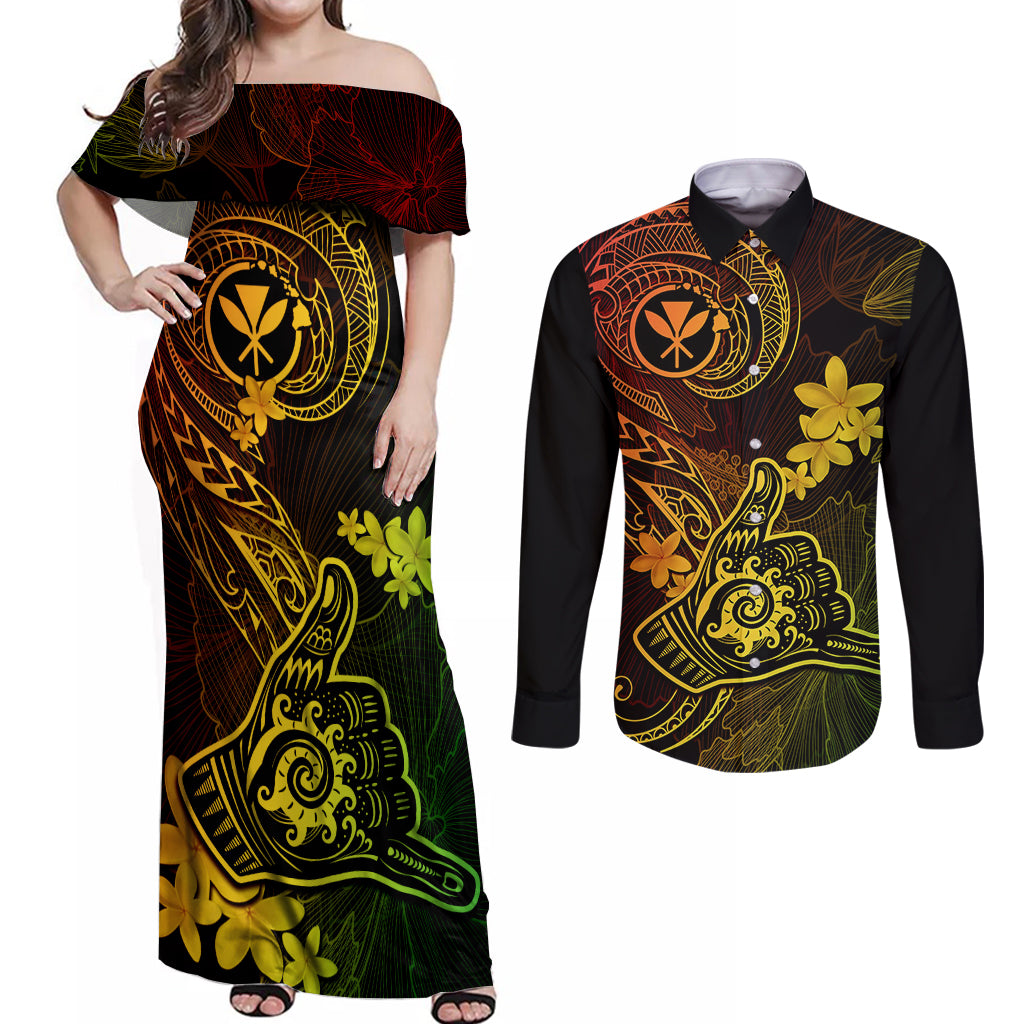 hawaii-couples-matching-off-shoulder-maxi-dress-and-long-sleeve-button-shirts-shaka-tattoo-mix-polynesian-plumeria-reggae-version