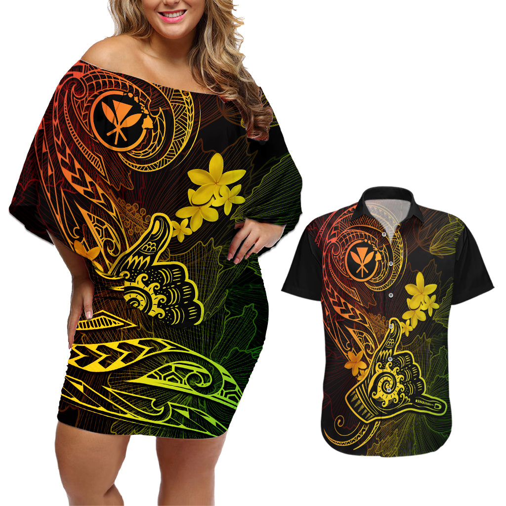 hawaii-couples-matching-off-shoulder-short-dress-and-hawaiian-shirt-shaka-tattoo-mix-polynesian-plumeria-reggae-version