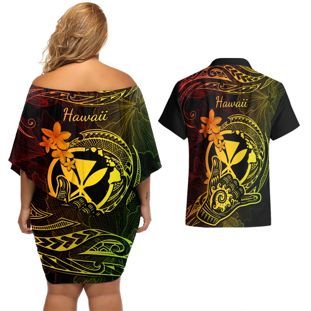 Hawaii Couples Matching Off Shoulder Short Dress and Hawaiian Shirt Shaka Tattoo Mix Polynesian Plumeria Reggae Version LT14 - Polynesian Pride