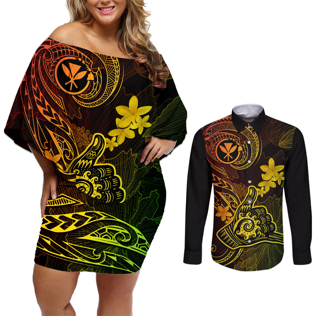 hawaii-couples-matching-off-shoulder-short-dress-and-long-sleeve-button-shirts-shaka-tattoo-mix-polynesian-plumeria-reggae-version