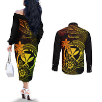 Hawaii Couples Matching Off The Shoulder Long Sleeve Dress and Long Sleeve Button Shirts Shaka Tattoo Mix Polynesian Plumeria Reggae Version LT14 - Polynesian Pride