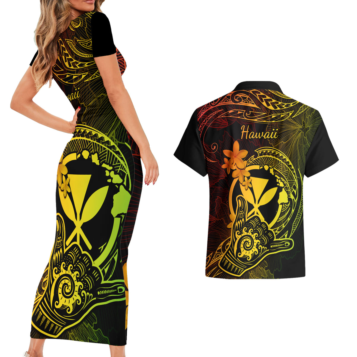 hawaii-couples-matching-short-sleeve-bodycon-dress-and-hawaiian-shirt-shaka-tattoo-mix-polynesian-plumeria-reggae-version