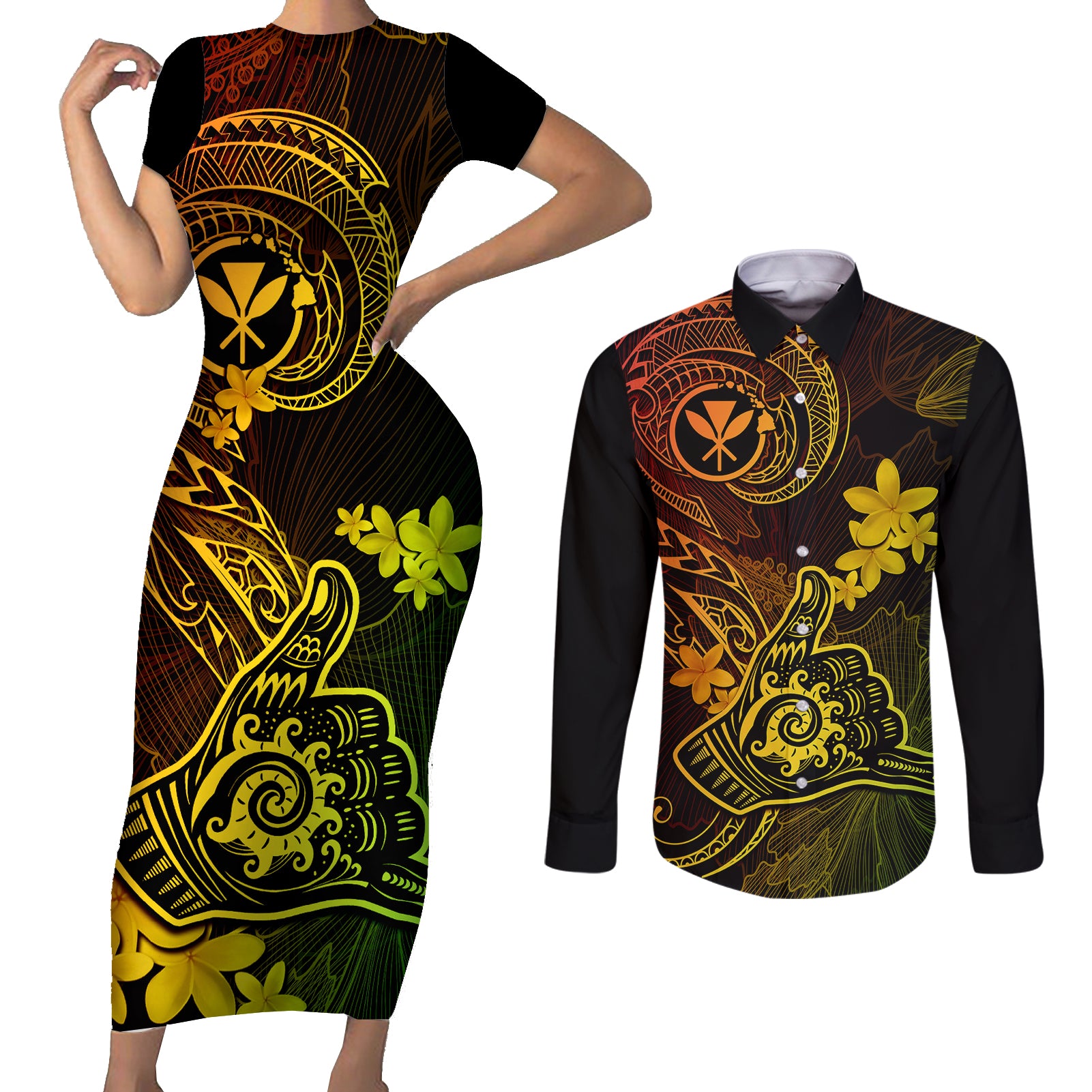 hawaii-couples-matching-short-sleeve-bodycon-dress-and-long-sleeve-button-shirts-shaka-tattoo-mix-polynesian-plumeria-reggae-version