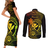Hawaii Couples Matching Short Sleeve Bodycon Dress and Long Sleeve Button Shirts Shaka Tattoo Mix Polynesian Plumeria Reggae Version LT14 - Polynesian Pride