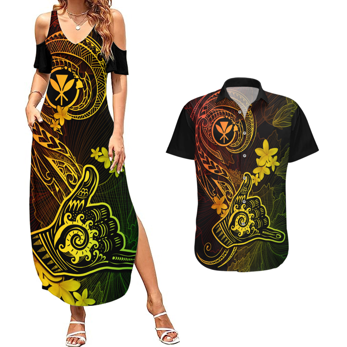 hawaii-couples-matching-summer-maxi-dress-and-hawaiian-shirt-shaka-tattoo-mix-polynesian-plumeria-reggae-version
