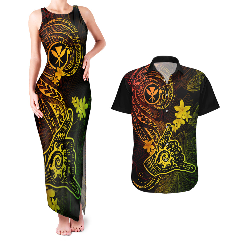 hawaii-couples-matching-tank-maxi-dress-and-hawaiian-shirt-shaka-tattoo-mix-polynesian-plumeria-reggae-version