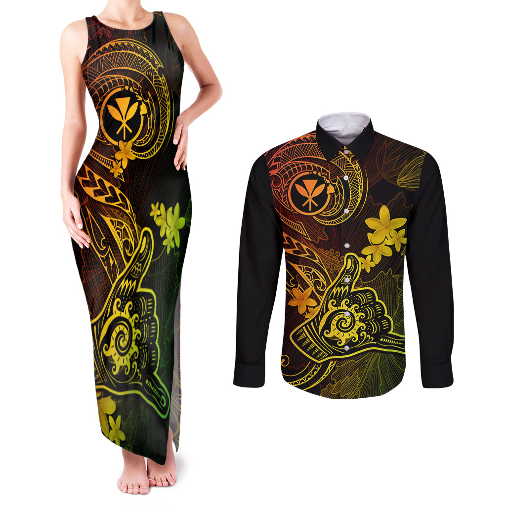 hawaii-couples-matching-tank-maxi-dress-and-long-sleeve-button-shirts-shaka-tattoo-mix-polynesian-plumeria-reggae-version