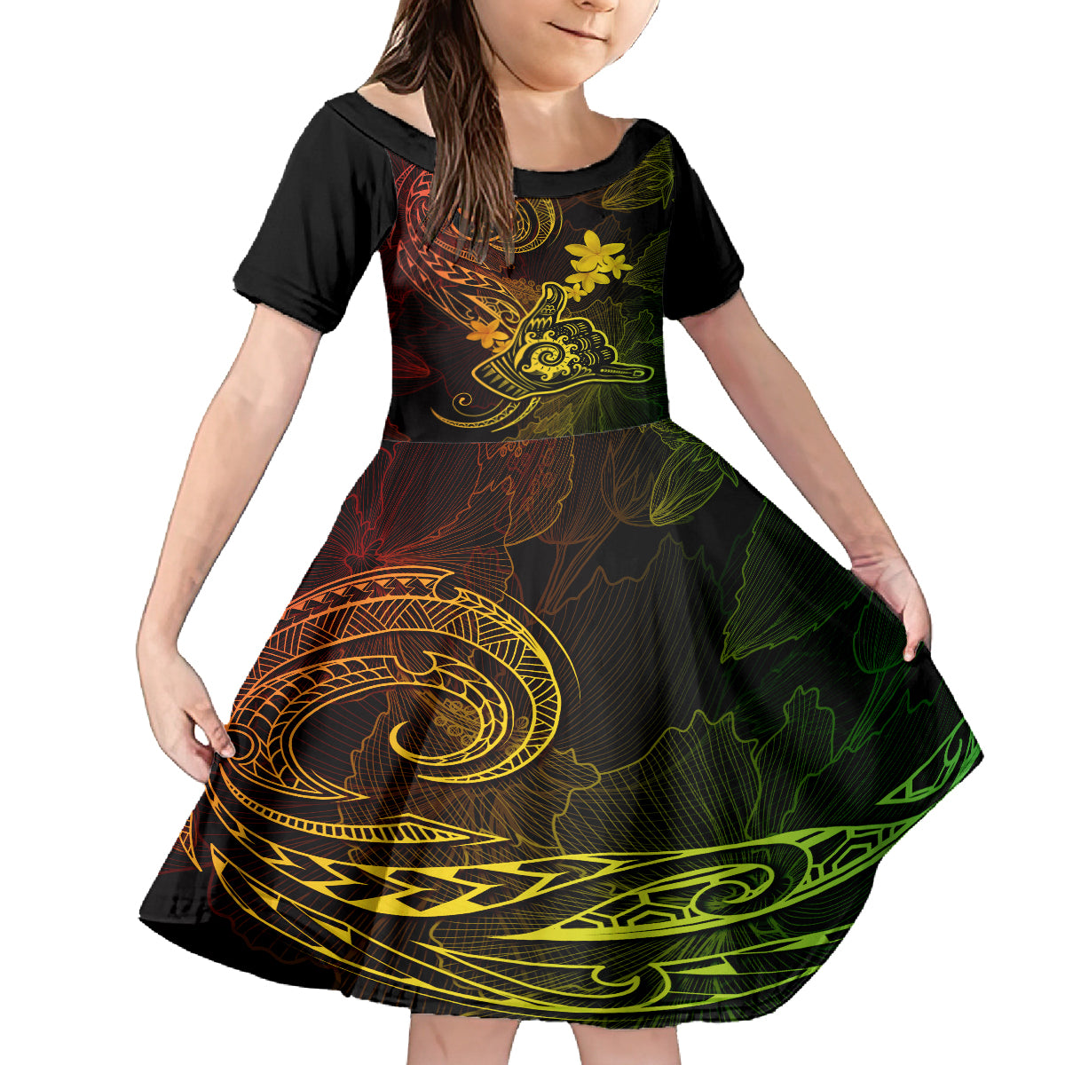 hawaii-family-matching-off-shoulder-maxi-dress-and-hawaiian-shirt-shaka-tattoo-mix-polynesian-plumeria-reggae-version