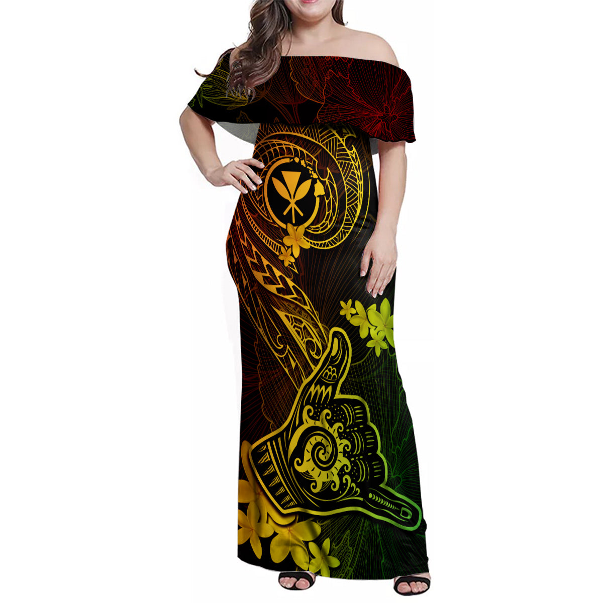 hawaii-family-matching-off-shoulder-maxi-dress-and-hawaiian-shirt-shaka-tattoo-mix-polynesian-plumeria-reggae-version