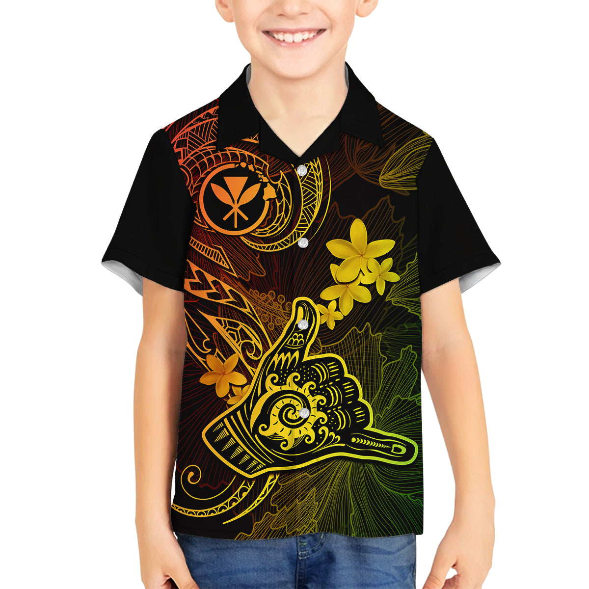 Hawaii Family Matching Puletasi Dress and Hawaiian Shirt Shaka Tattoo Mix Polynesian Plumeria Reggae Version LT14 Son's Shirt Reggae - Polynesian Pride