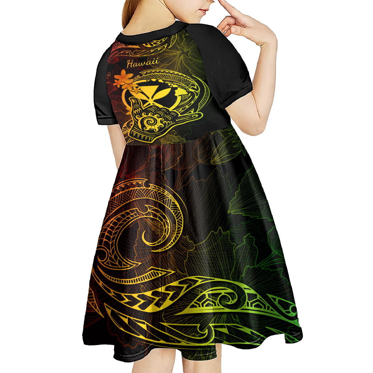 hawaii-kid-short-sleeve-dress-shaka-tattoo-mix-polynesian-plumeria-reggae-version