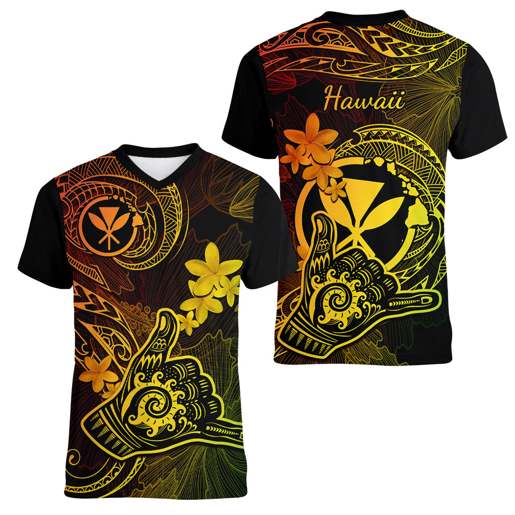 hawaii-women-v-neck-t-shirt-shaka-tattoo-mix-polynesian-plumeria-reggae-version