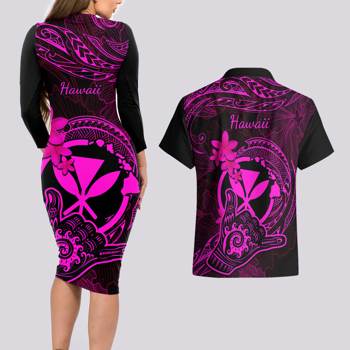 hawaii-couples-matching-long-sleeve-bodycon-dress-and-hawaiian-shirt-shaka-tattoo-mix-polynesian-plumeria-pink-version