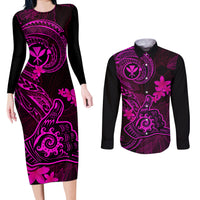 Hawaii Couples Matching Long Sleeve Bodycon Dress and Long Sleeve Button Shirts Shaka Tattoo Mix Polynesian Plumeria Pink Version LT14 Pink - Polynesian Pride