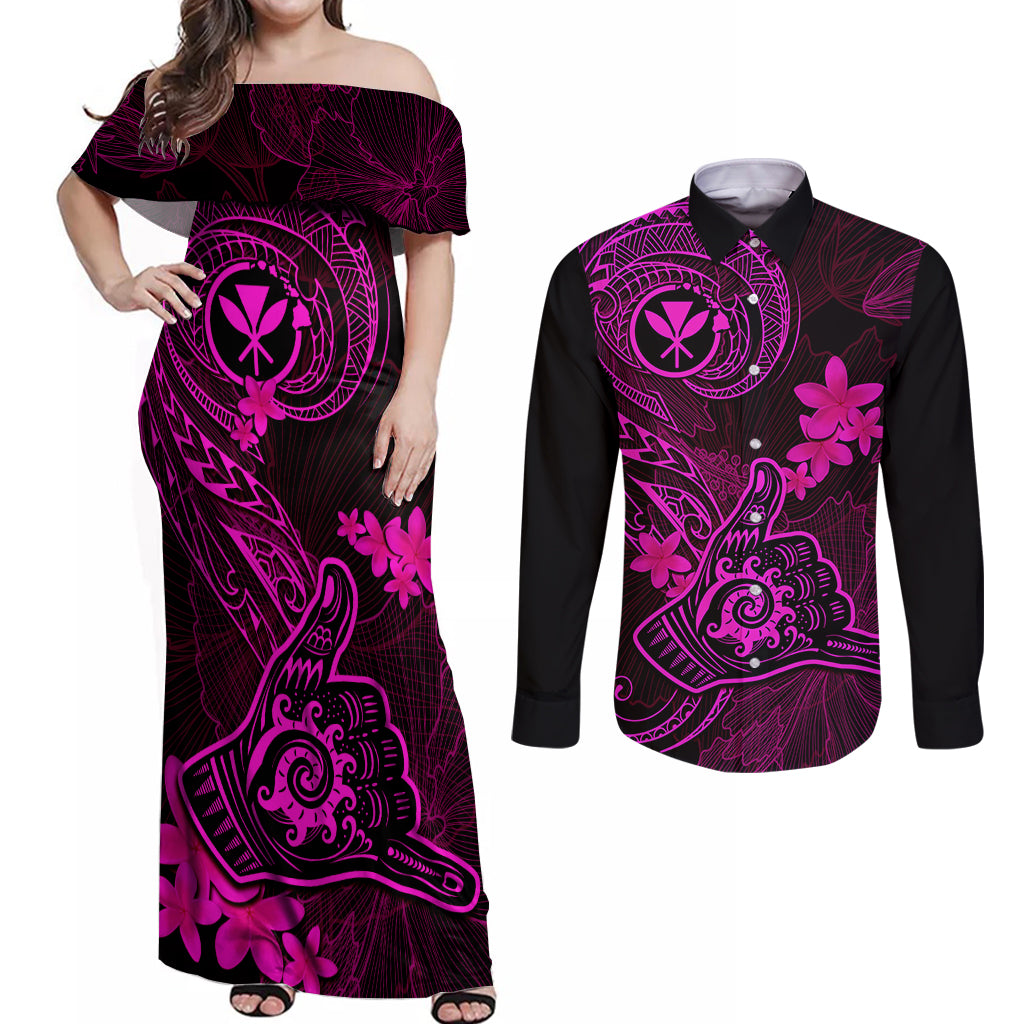 hawaii-couples-matching-off-shoulder-maxi-dress-and-long-sleeve-button-shirts-shaka-tattoo-mix-polynesian-plumeria-pink-version