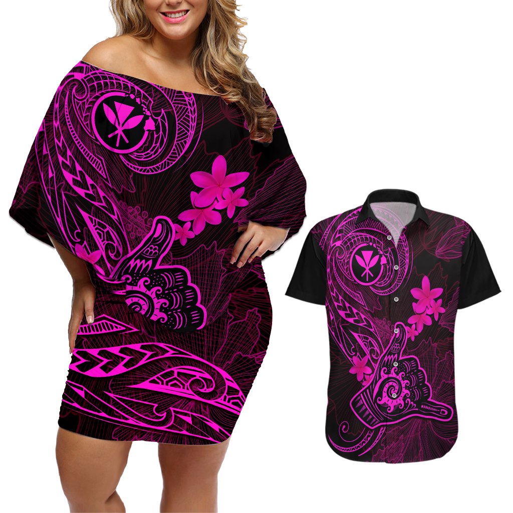 Hawaii Couples Matching Off Shoulder Short Dress and Hawaiian Shirt Shaka Tattoo Mix Polynesian Plumeria Pink Version LT14 Pink - Polynesian Pride