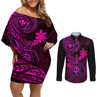 Hawaii Couples Matching Off Shoulder Short Dress and Long Sleeve Button Shirts Shaka Tattoo Mix Polynesian Plumeria Pink Version LT14 Pink - Polynesian Pride