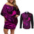 hawaii-couples-matching-off-shoulder-short-dress-and-long-sleeve-button-shirts-shaka-tattoo-mix-polynesian-plumeria-pink-version