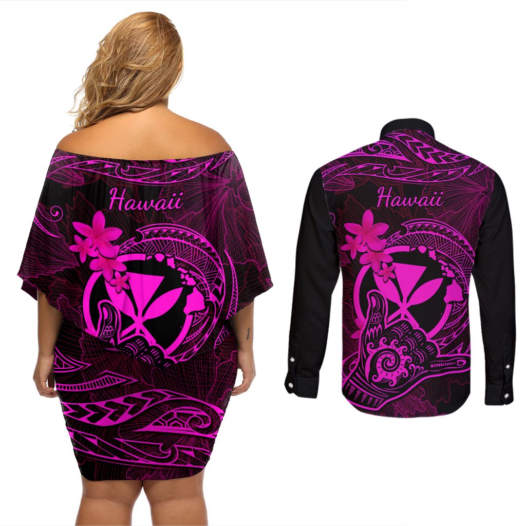 Hawaii Couples Matching Off Shoulder Short Dress and Long Sleeve Button Shirts Shaka Tattoo Mix Polynesian Plumeria Pink Version LT14 - Polynesian Pride