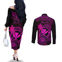 Hawaii Couples Matching Off The Shoulder Long Sleeve Dress and Long Sleeve Button Shirts Shaka Tattoo Mix Polynesian Plumeria Pink Version LT14 - Polynesian Pride