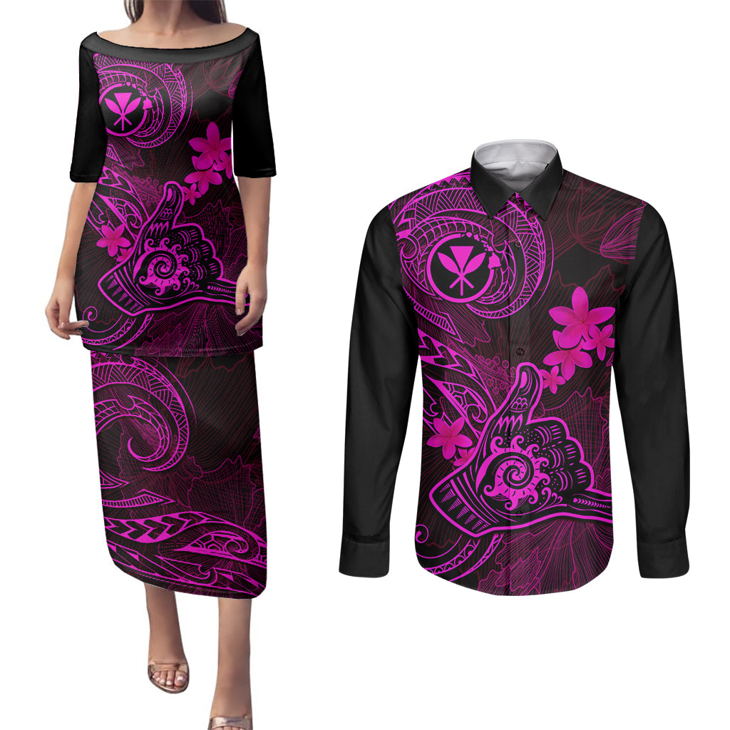 hawaii-couples-matching-puletasi-dress-and-long-sleeve-button-shirts-shaka-tattoo-mix-polynesian-plumeria-pink-version
