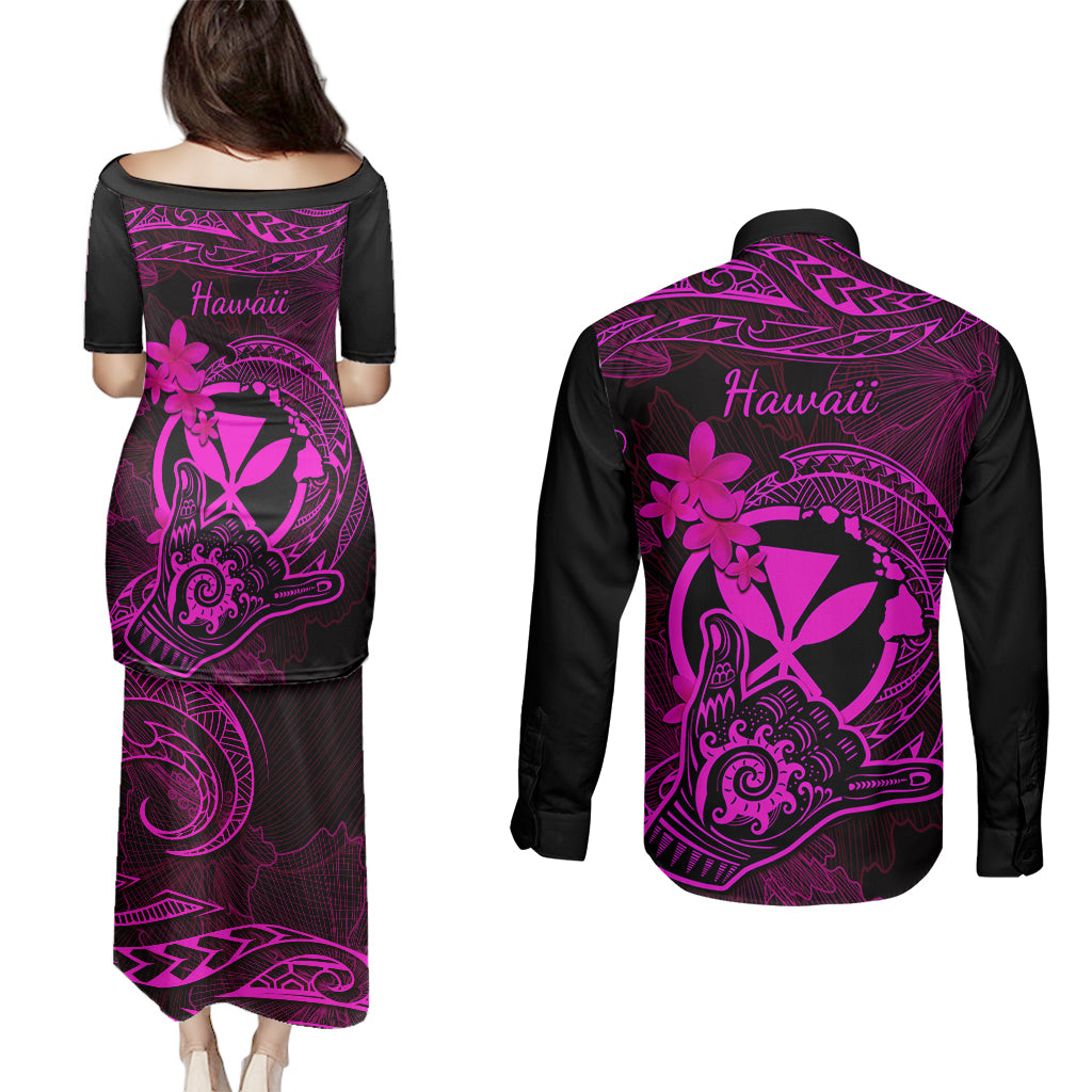 Hawaii Couples Matching Puletasi Dress and Long Sleeve Button Shirts Shaka Tattoo Mix Polynesian Plumeria Pink Version LT14 - Polynesian Pride