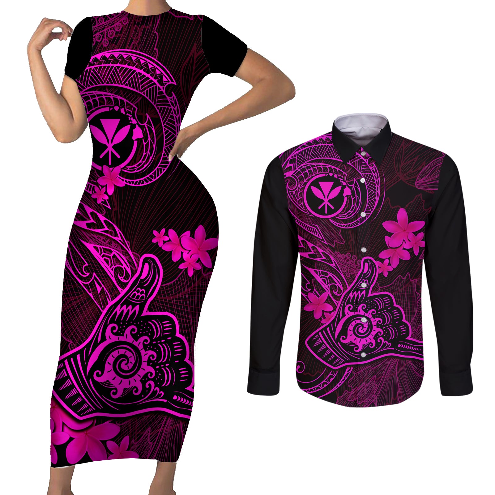 hawaii-couples-matching-short-sleeve-bodycon-dress-and-long-sleeve-button-shirts-shaka-tattoo-mix-polynesian-plumeria-pink-version