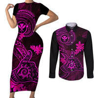 Hawaii Couples Matching Short Sleeve Bodycon Dress and Long Sleeve Button Shirts Shaka Tattoo Mix Polynesian Plumeria Pink Version LT14 Pink - Polynesian Pride