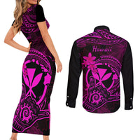 Hawaii Couples Matching Short Sleeve Bodycon Dress and Long Sleeve Button Shirts Shaka Tattoo Mix Polynesian Plumeria Pink Version LT14 - Polynesian Pride