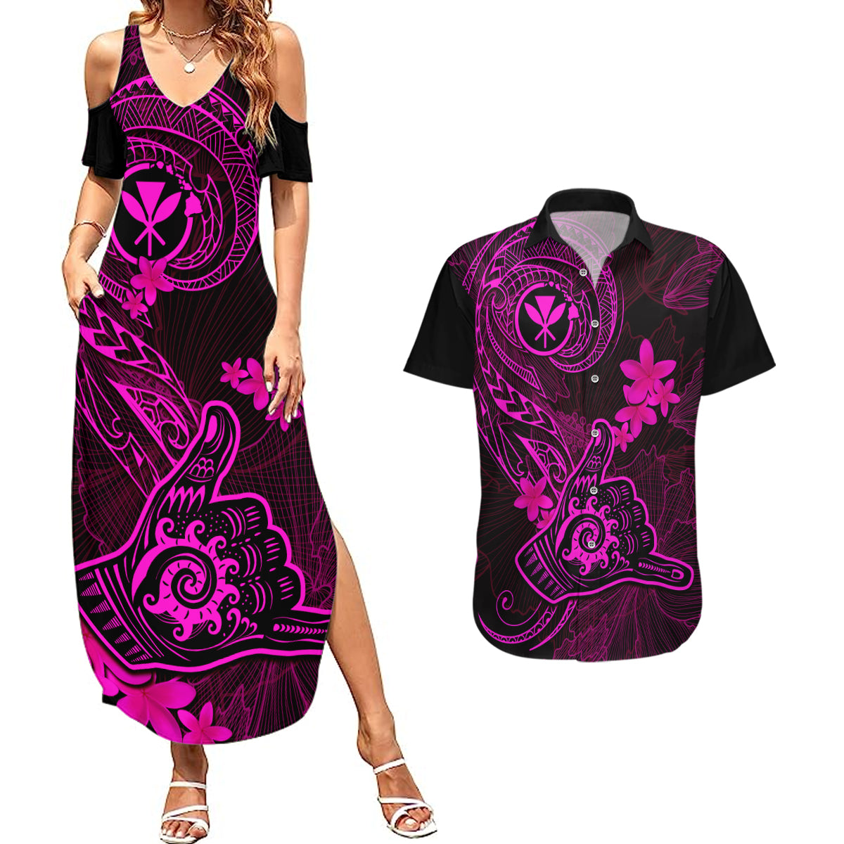 hawaii-couples-matching-summer-maxi-dress-and-hawaiian-shirt-shaka-tattoo-mix-polynesian-plumeria-pink-version