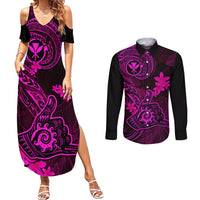Hawaii Couples Matching Summer Maxi Dress and Long Sleeve Button Shirts Shaka Tattoo Mix Polynesian Plumeria Pink Version LT14 Pink - Polynesian Pride