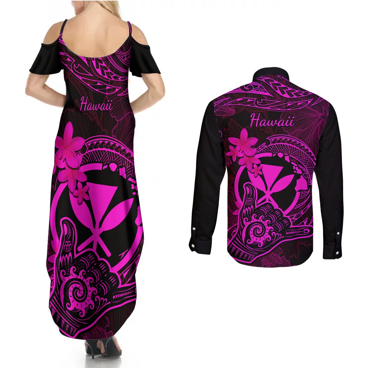 Hawaii Couples Matching Summer Maxi Dress and Long Sleeve Button Shirts Shaka Tattoo Mix Polynesian Plumeria Pink Version LT14 - Polynesian Pride