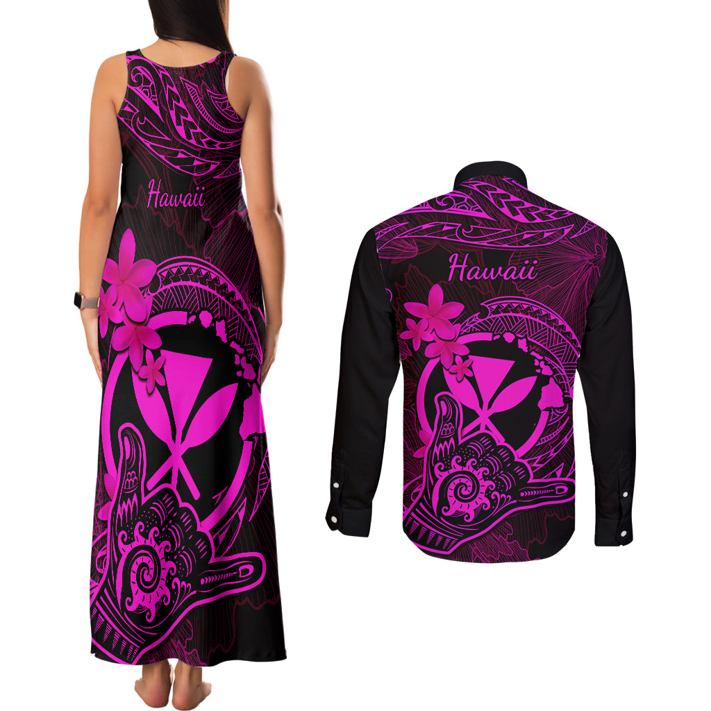 hawaii-couples-matching-tank-maxi-dress-and-long-sleeve-button-shirts-shaka-tattoo-mix-polynesian-plumeria-pink-version