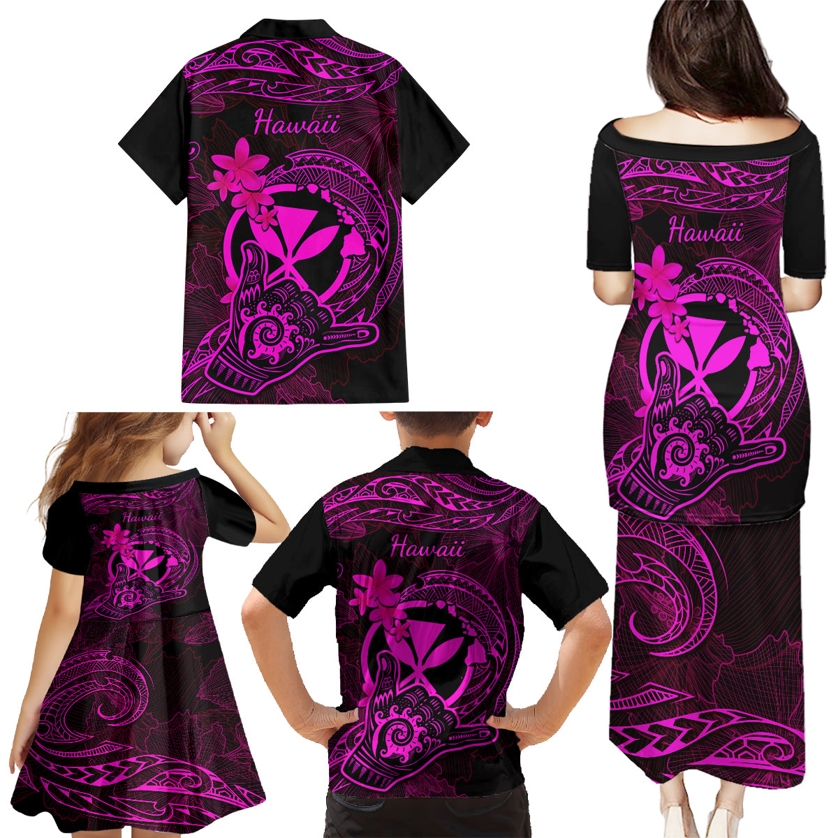 Hawaii Family Matching Puletasi Dress and Hawaiian Shirt Shaka Tattoo Mix Polynesian Plumeria Pink Version LT14 - Polynesian Pride