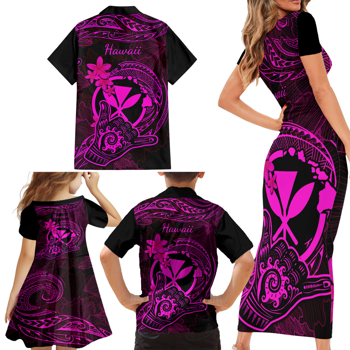 hawaii-family-matching-short-sleeve-bodycon-dress-and-hawaiian-shirt-shaka-tattoo-mix-polynesian-plumeria-pink-version