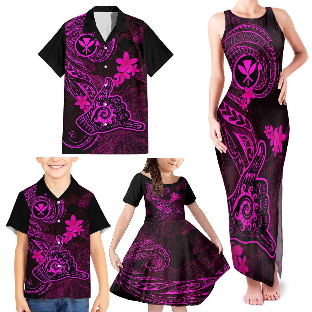 Hawaii Family Matching Tank Maxi Dress and Hawaiian Shirt Shaka Tattoo Mix Polynesian Plumeria Pink Version LT14 - Polynesian Pride