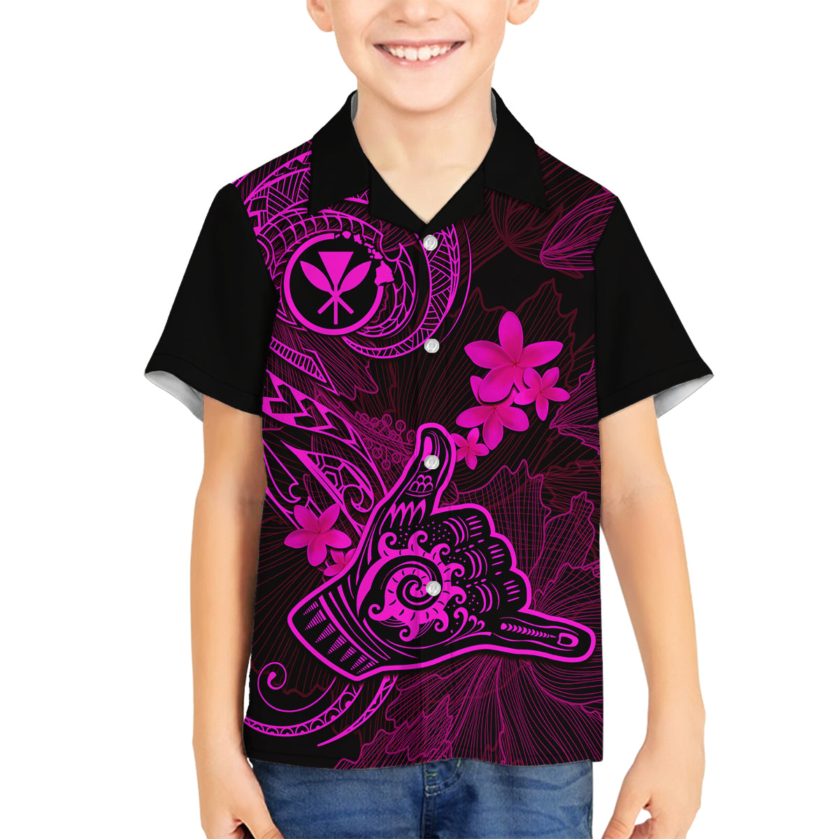 Hawaii Family Matching Tank Maxi Dress and Hawaiian Shirt Shaka Tattoo Mix Polynesian Plumeria Pink Version LT14 Son's Shirt Pink - Polynesian Pride