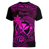 hawaii-women-v-neck-t-shirt-shaka-tattoo-mix-polynesian-plumeria-pink-version