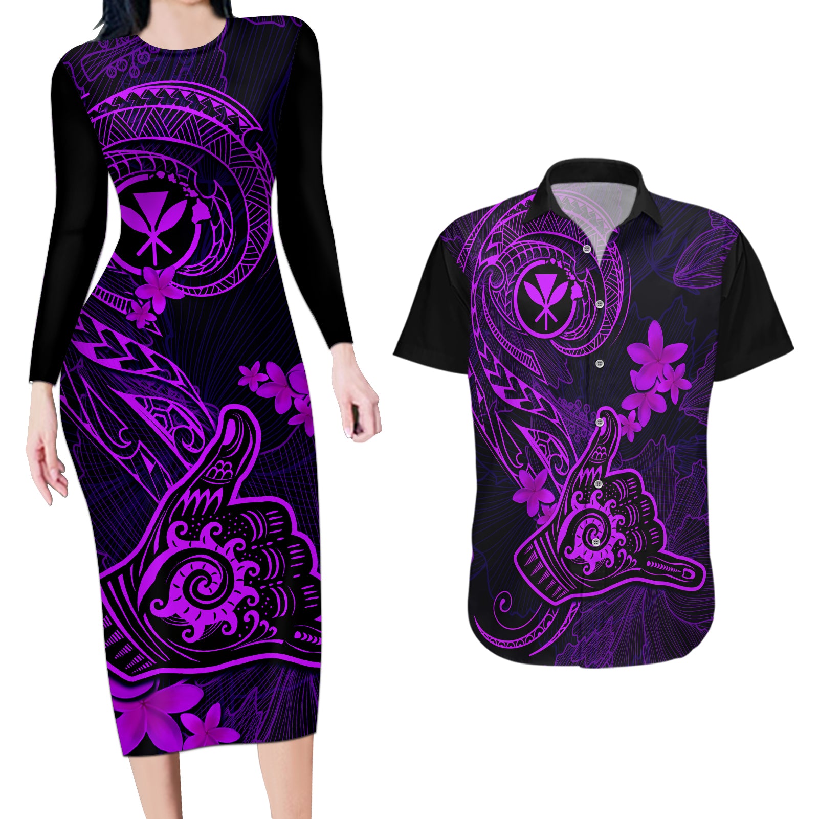 hawaii-couples-matching-long-sleeve-bodycon-dress-and-hawaiian-shirt-shaka-tattoo-mix-polynesian-plumeria-purple-version