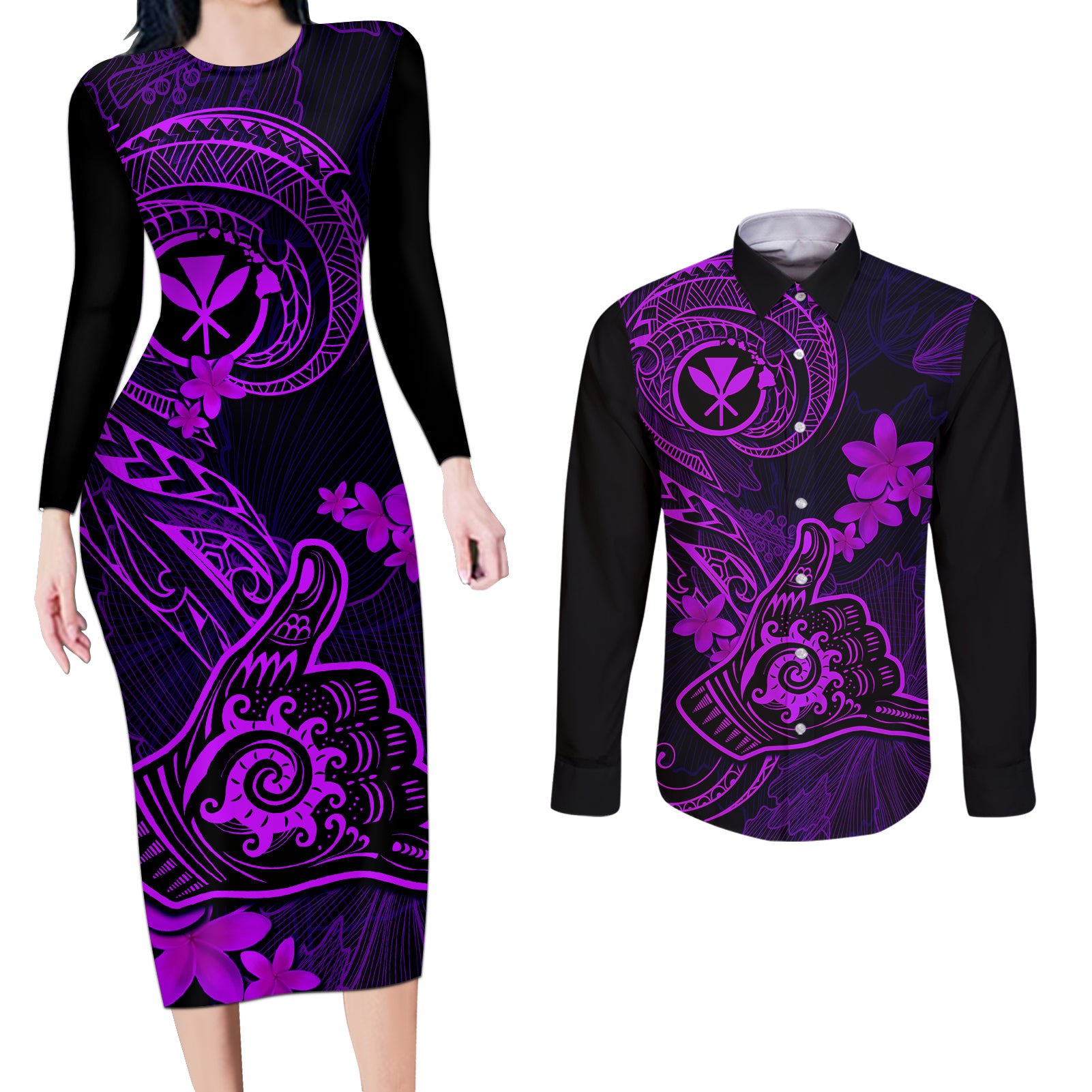 hawaii-couples-matching-long-sleeve-bodycon-dress-and-long-sleeve-button-shirts-shaka-tattoo-mix-polynesian-plumeria-purple-version