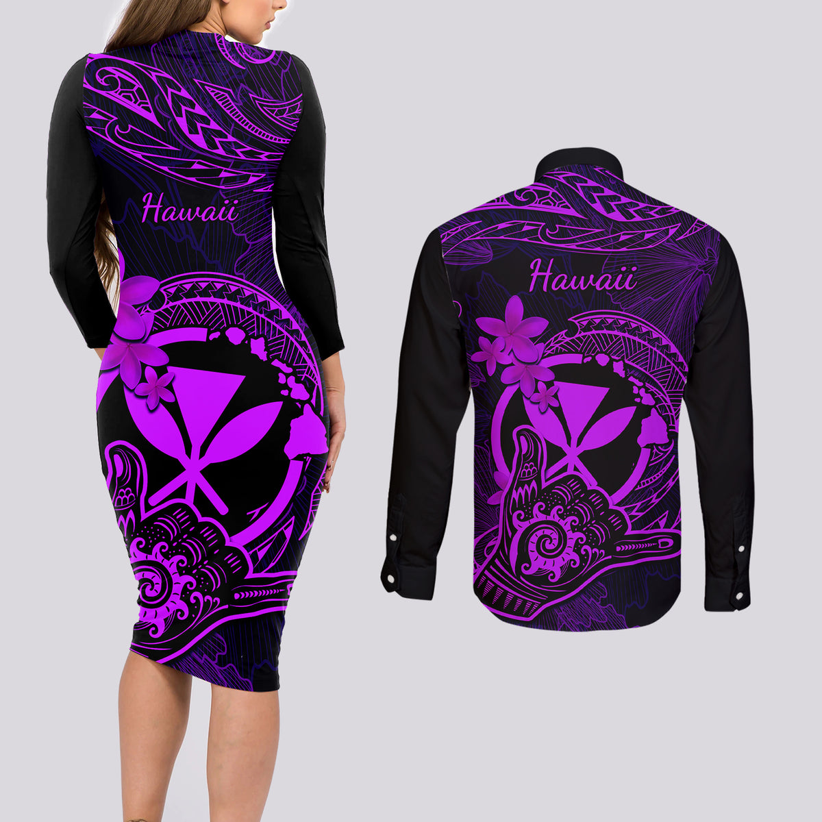 Hawaii Couples Matching Long Sleeve Bodycon Dress and Long Sleeve Button Shirts Shaka Tattoo Mix Polynesian Plumeria Purple Version LT14 - Polynesian Pride