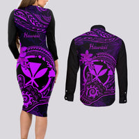 Hawaii Couples Matching Long Sleeve Bodycon Dress and Long Sleeve Button Shirts Shaka Tattoo Mix Polynesian Plumeria Purple Version LT14 - Polynesian Pride