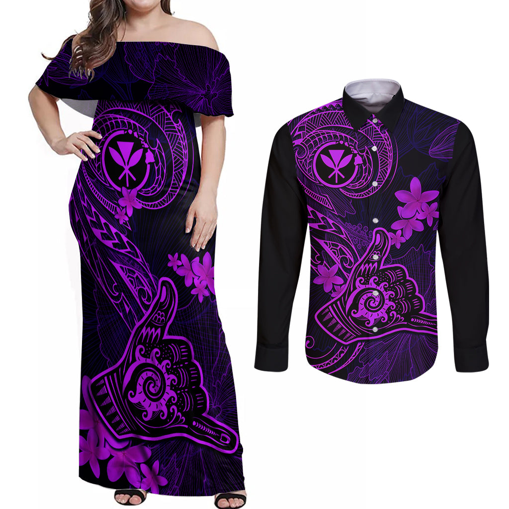 hawaii-couples-matching-off-shoulder-maxi-dress-and-long-sleeve-button-shirts-shaka-tattoo-mix-polynesian-plumeria-purple-version